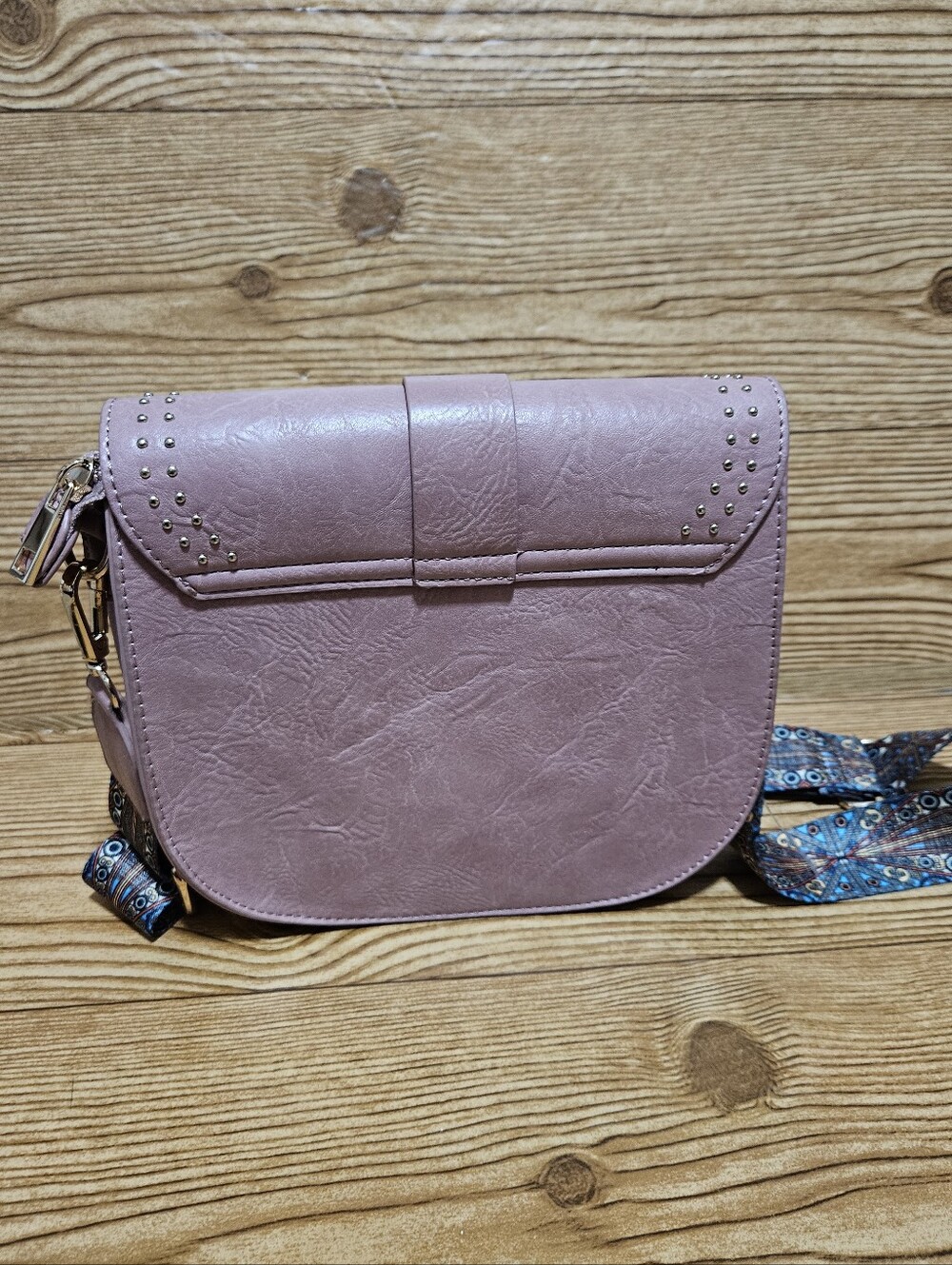 Vegan Leather Purse Crossbody Strap Pink Gold Grommet - Picture 5 of 11